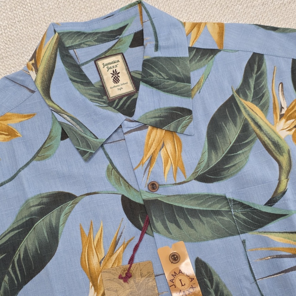 NWT Jamaica‎ Jaxx Men's L Blue All Over Floral Hawaiian Button Up 100% Silk NWT